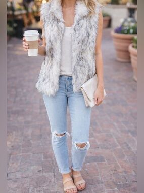 Faux Fur Vest White Gray Soft Layering Piece Boho Glam Spring L